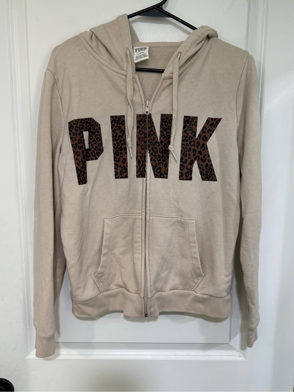 PINK Victoria's Secret Beige zip up Hoodie with Leopard print text